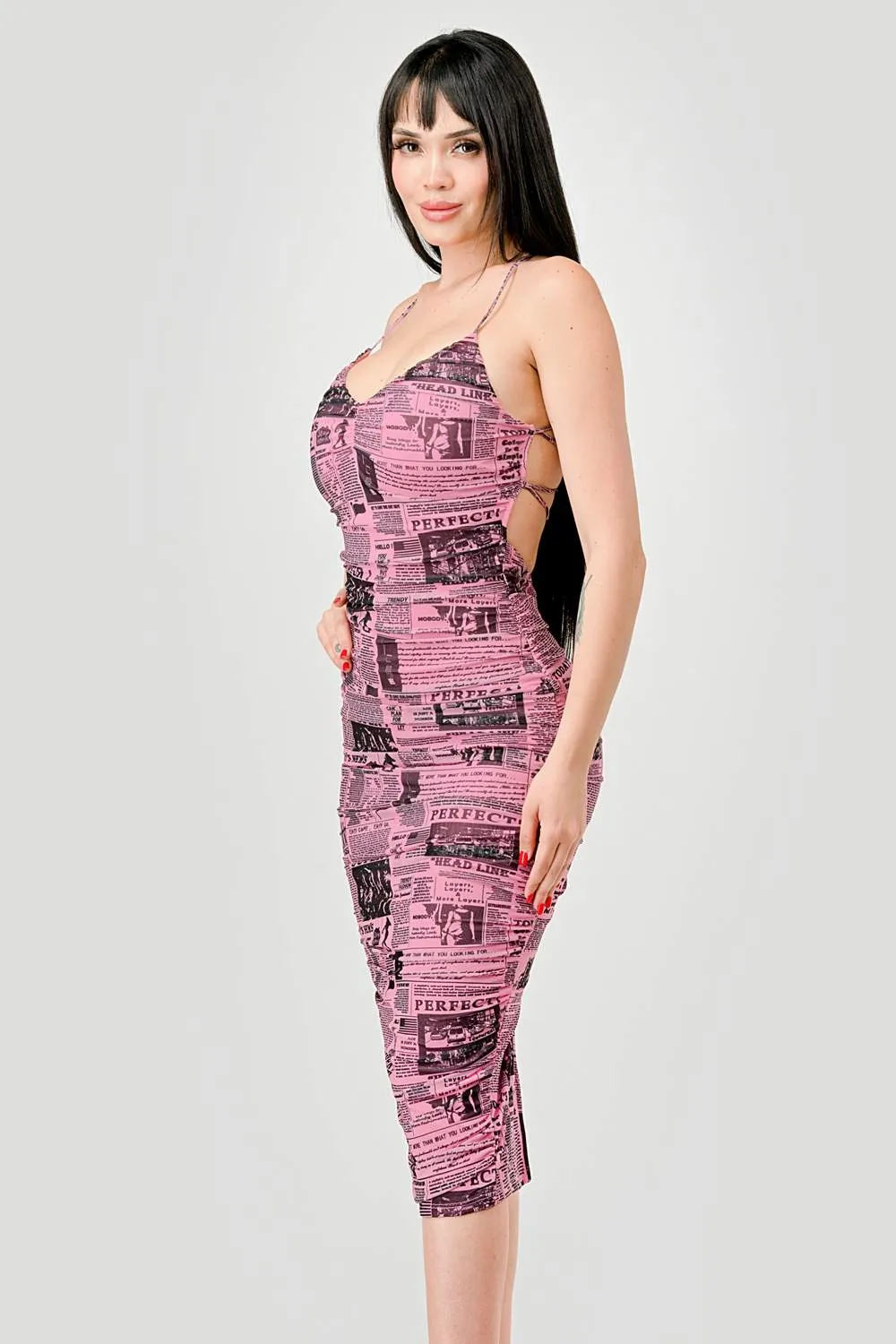 SEXY NEWSPAPER PRINTED MESH RUCHED MIDI DRESS sold by privy product image thumbnail 3