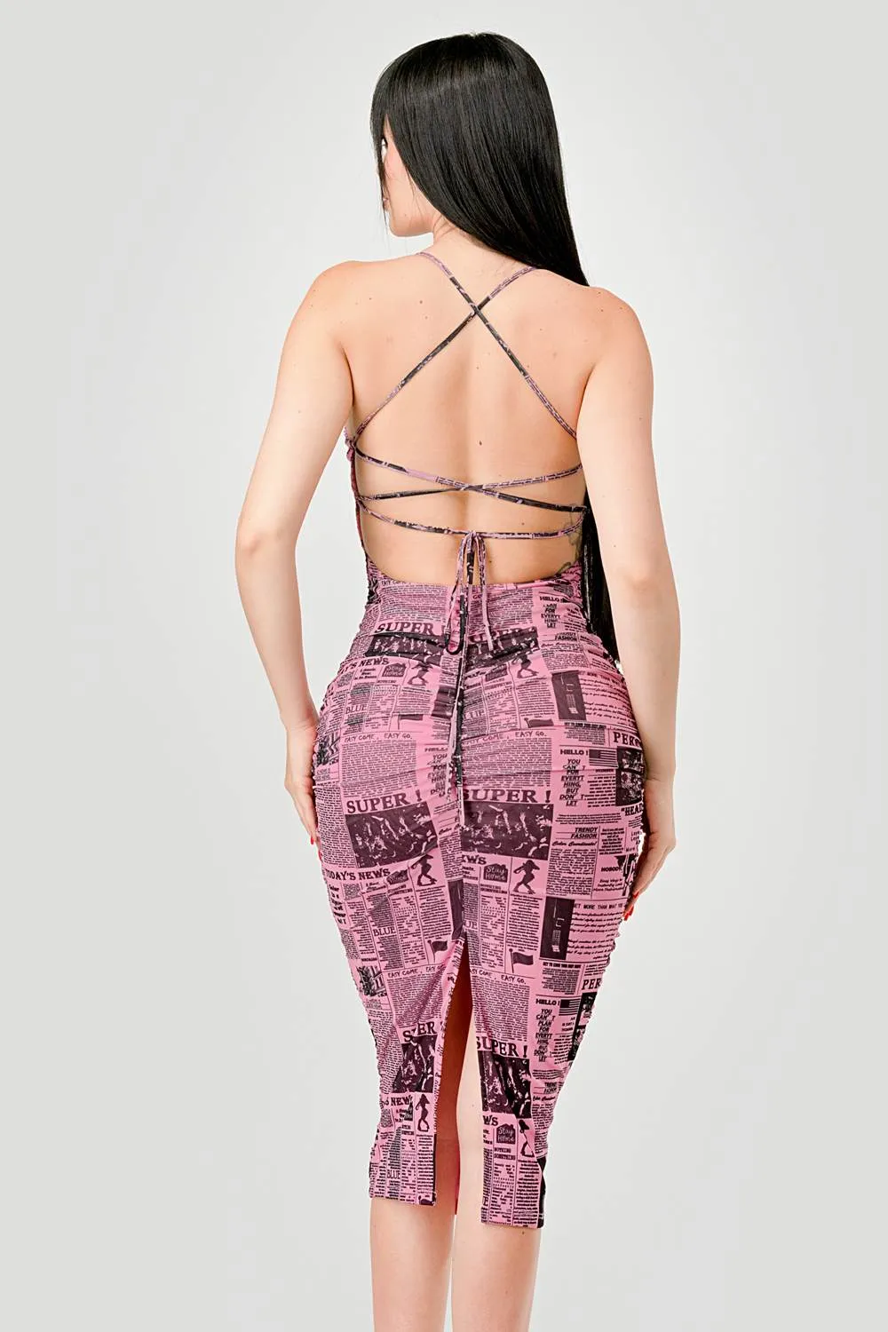 SEXY NEWSPAPER PRINTED MESH RUCHED MIDI DRESS sold by privy product image thumbnail 4
