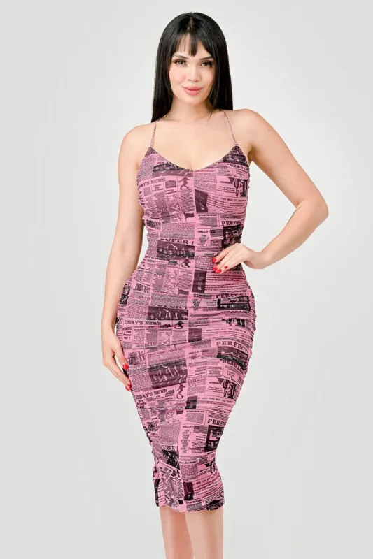 SEXY NEWSPAPER PRINTED MESH RUCHED MIDI DRESS sold by privy