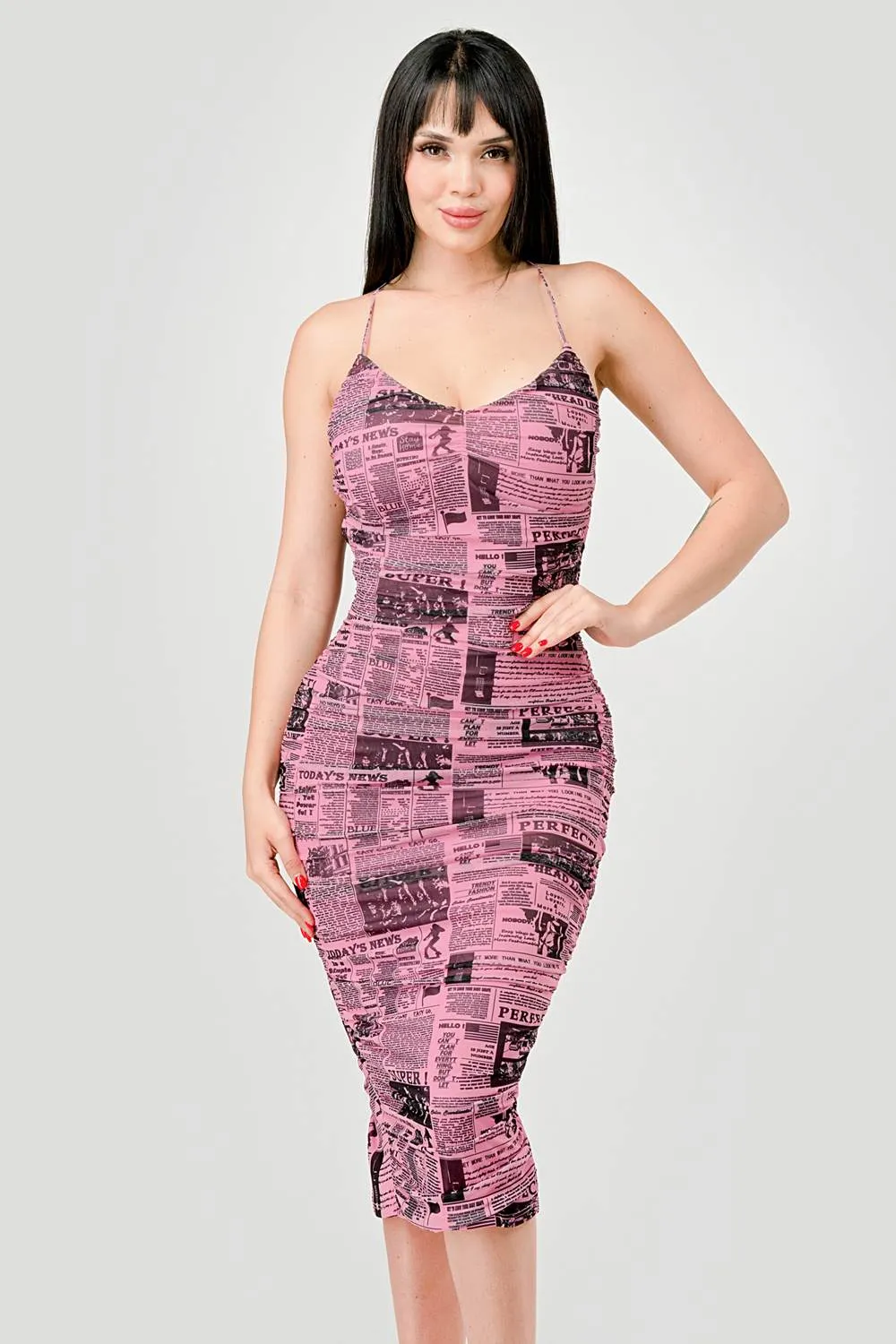 SEXY NEWSPAPER PRINTED MESH RUCHED MIDI DRESS sold by privy