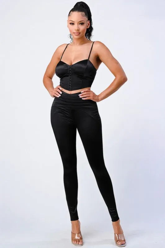 CHIC SATIN CROPPED CORSET CAMI AND PANTS SET sold by privy