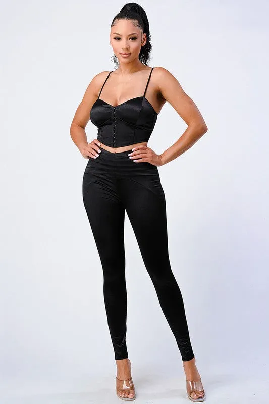 CHIC SATIN CROPPED CORSET CAMI AND PANTS SET sold by privy