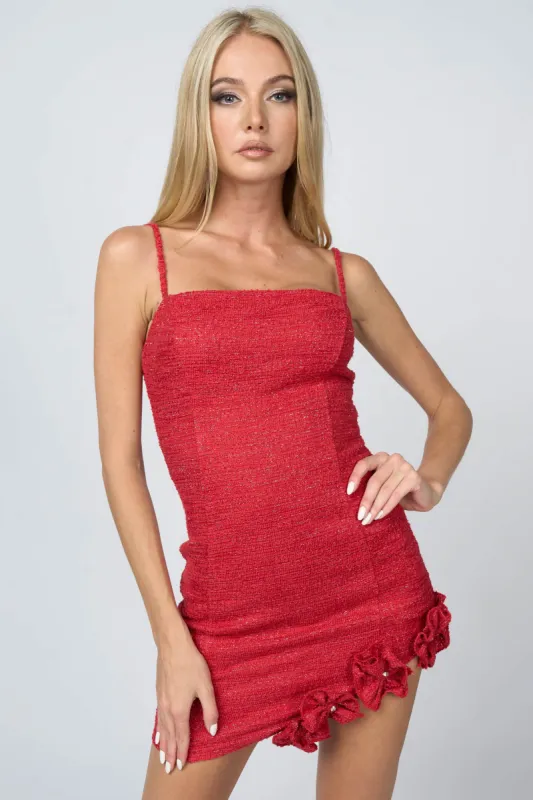 STRETCH TWEED RHINESTONES ROSETTES TRIM MINI DRESS sold by privy