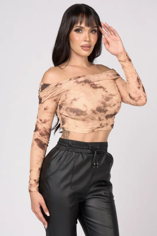 SILVER STUDDED TIE DYE PRINT MESH OFF SHOULDER TOP sold by privy