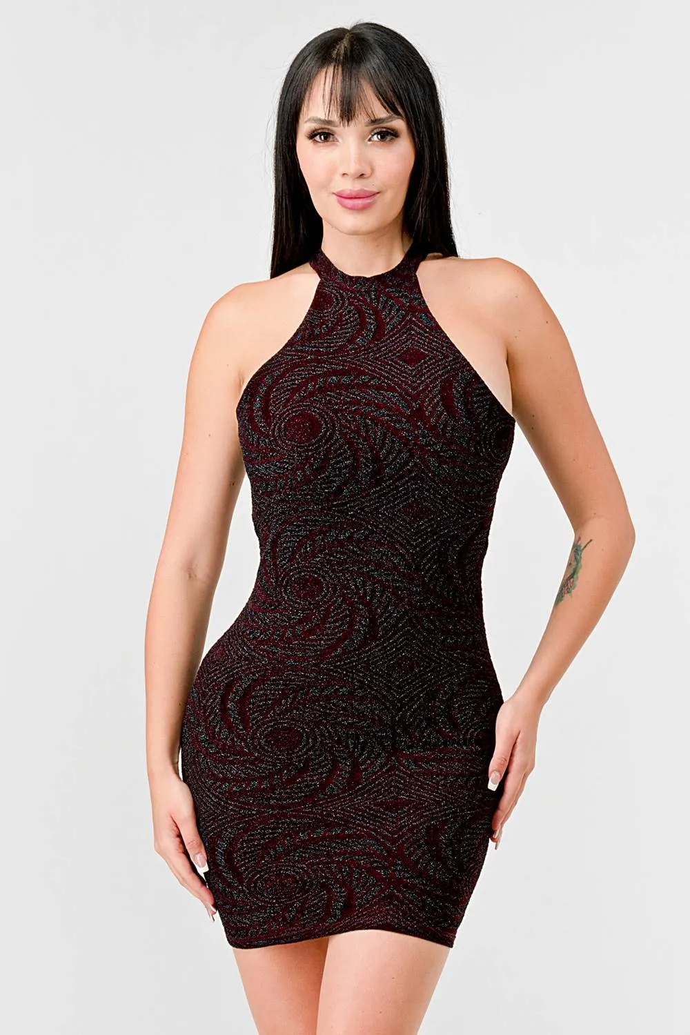 MPD1163-A-W / GLAM GLITTER HALTER OPEN BACK BODYCON MINI DRESS sold by privy
