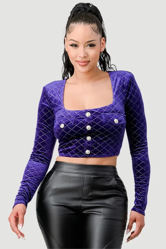 LUX DIAMON VELVET BUTTONS OPEN BACK CROPPED TOP sold by privy
