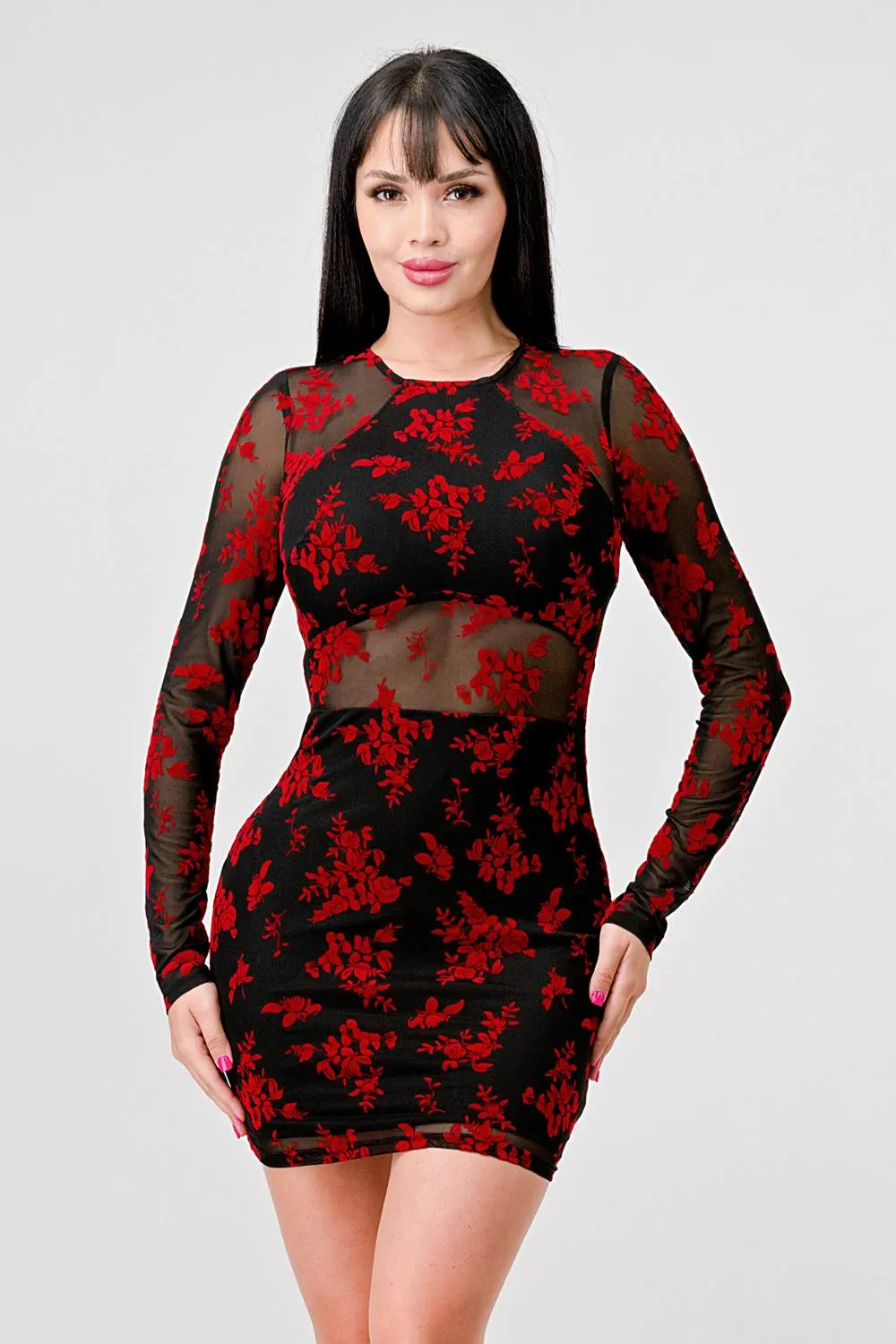 FLORAL VELVET FLOCKING MESH SEE-THRU MINI DRESS sold by privy product image thumbnail 2