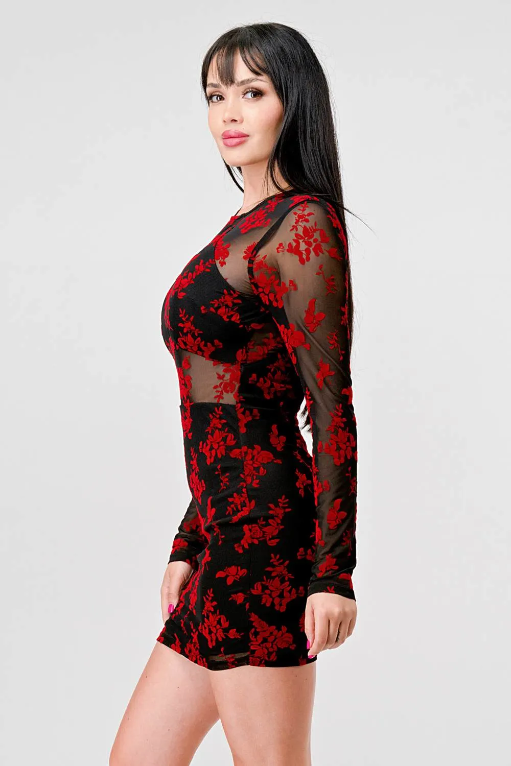 FLORAL VELVET FLOCKING MESH SEE-THRU MINI DRESS sold by privy product image thumbnail 3