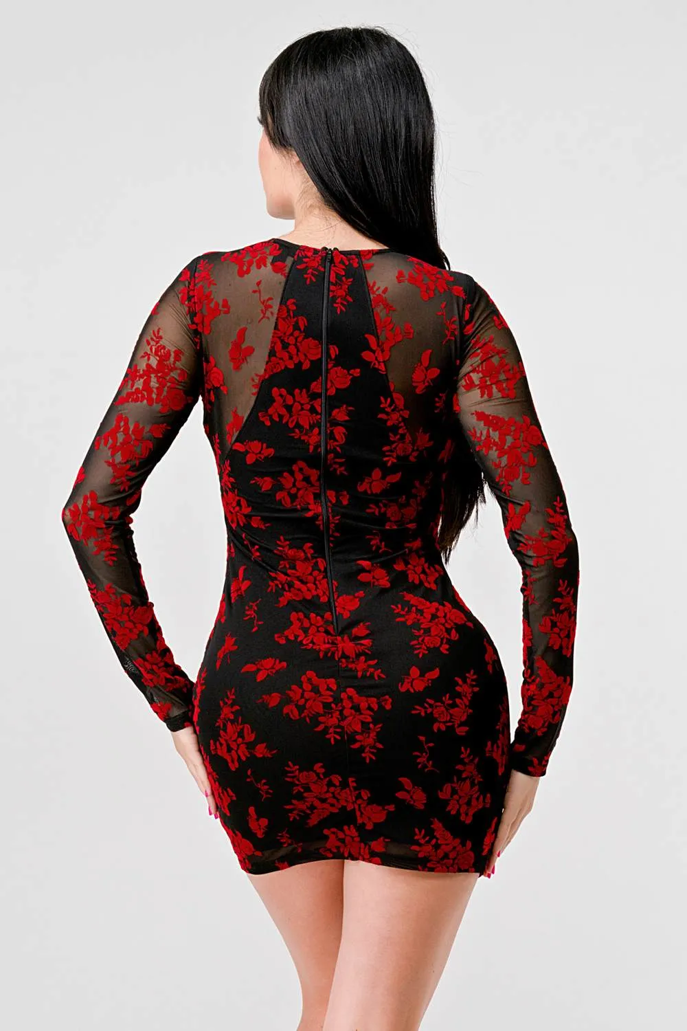 FLORAL VELVET FLOCKING MESH SEE-THRU MINI DRESS sold by privy product image thumbnail 4
