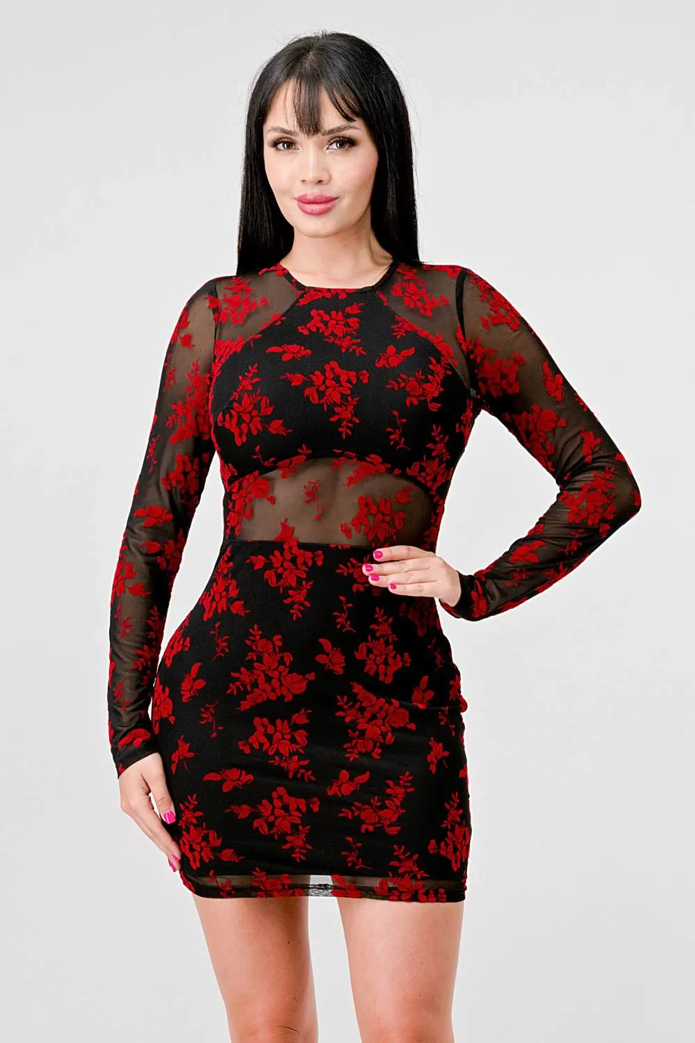 FLORAL VELVET FLOCKING MESH SEE-THRU MINI DRESS sold by privy