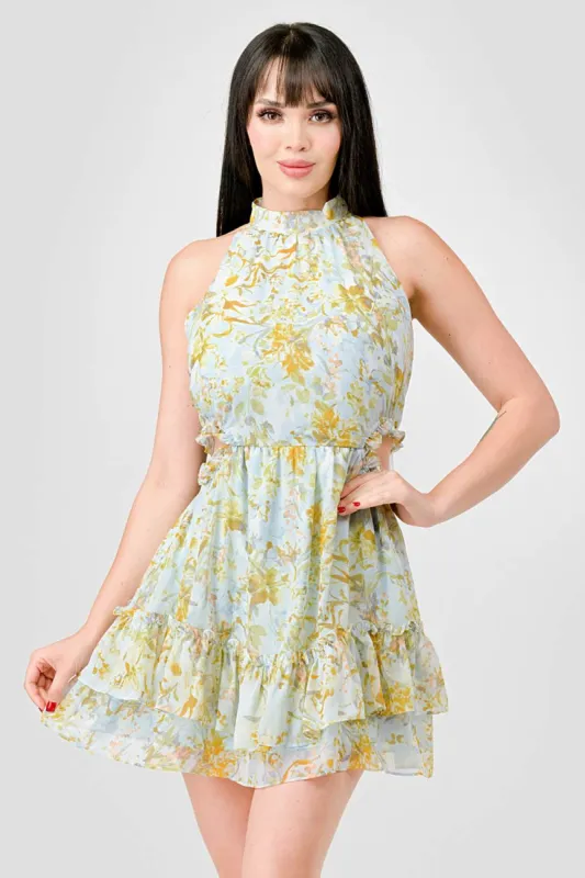 PD75996H-W / FLORAL CHIFFON RUFFLED MOCK NECK MINI DRESS sold by privy