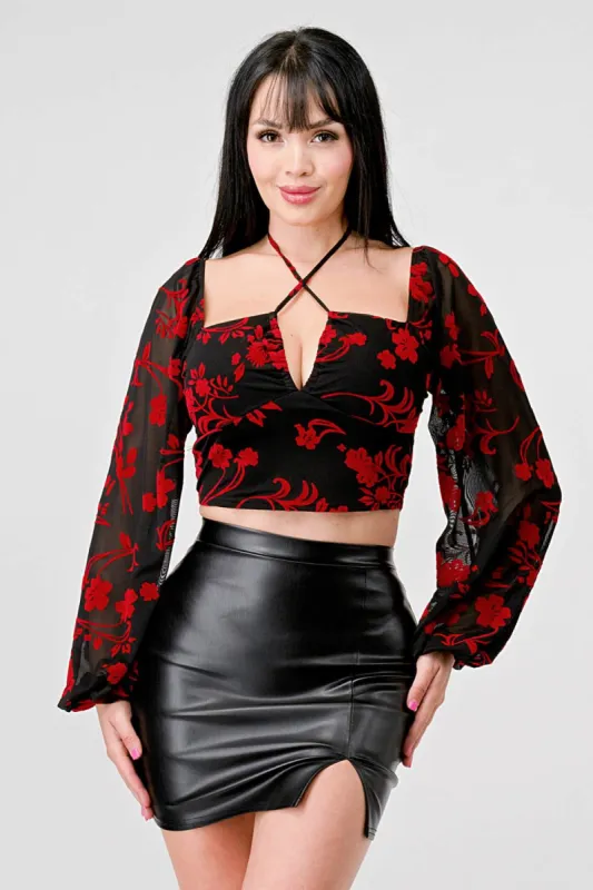 SEXY MESH VELVET FLOCKING LONG SLEEVE CROP TOP sold by privy