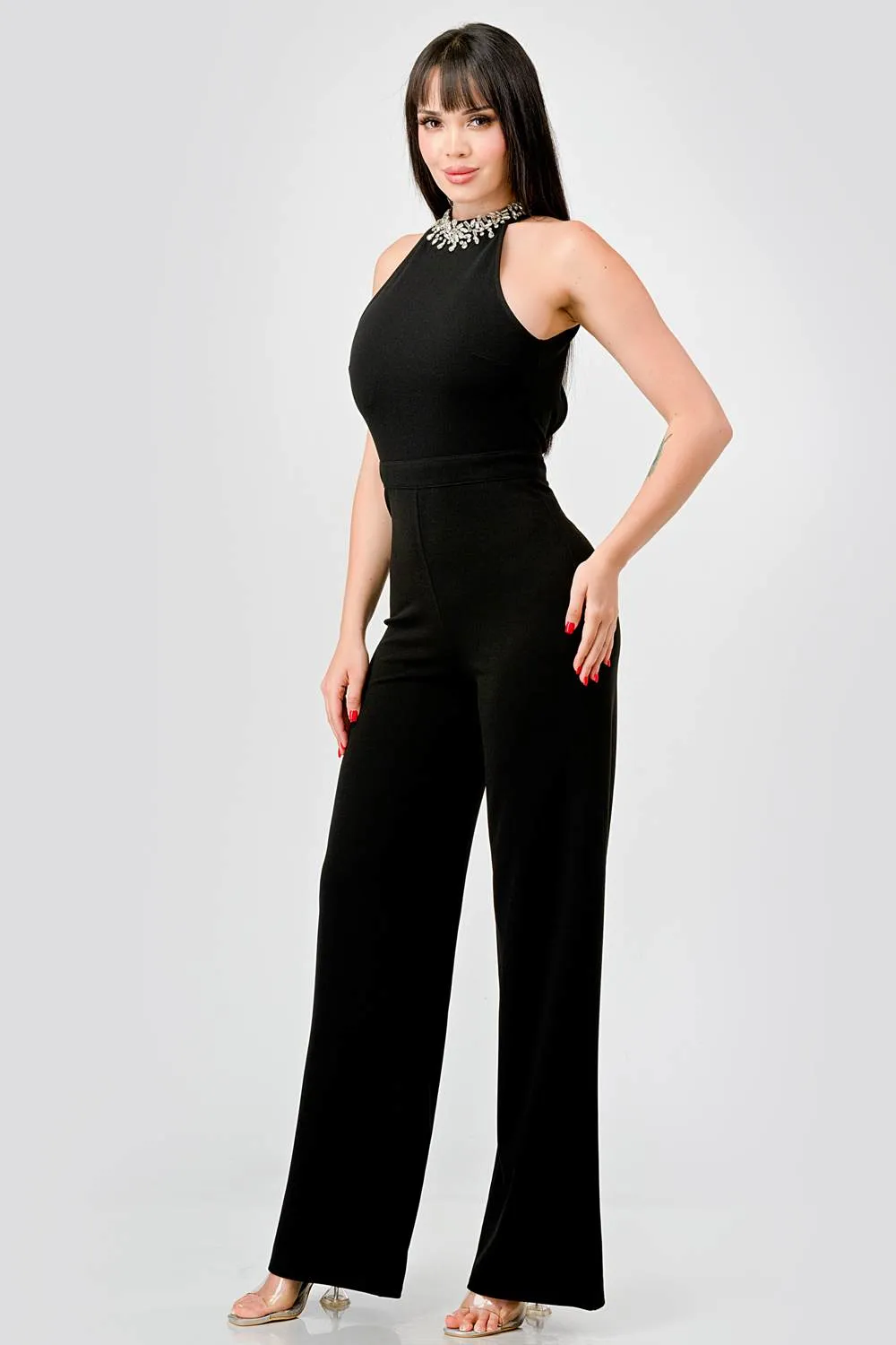 LUXE RHINESTONES EMBELLISHED NECK CREPE JUMPSUIT sold by privy product image thumbnail 2