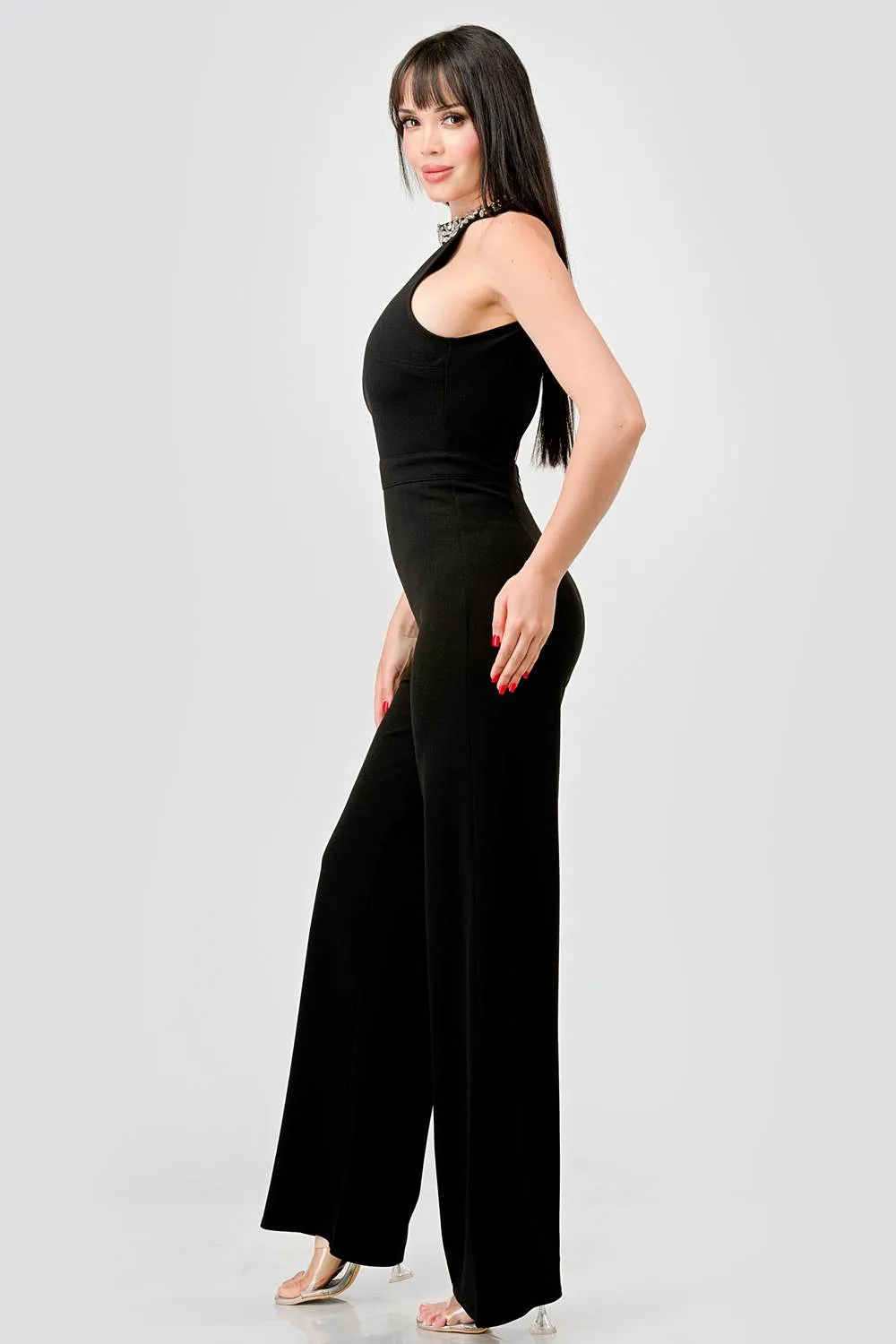 LUXE RHINESTONES EMBELLISHED NECK CREPE JUMPSUIT sold by privy product image thumbnail 3