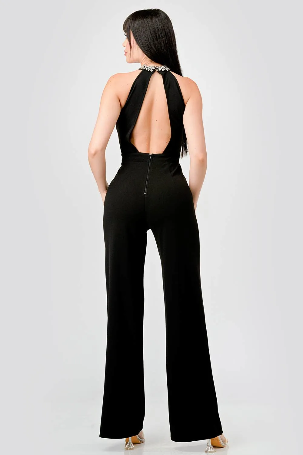 LUXE RHINESTONES EMBELLISHED NECK CREPE JUMPSUIT sold by privy product image thumbnail 4