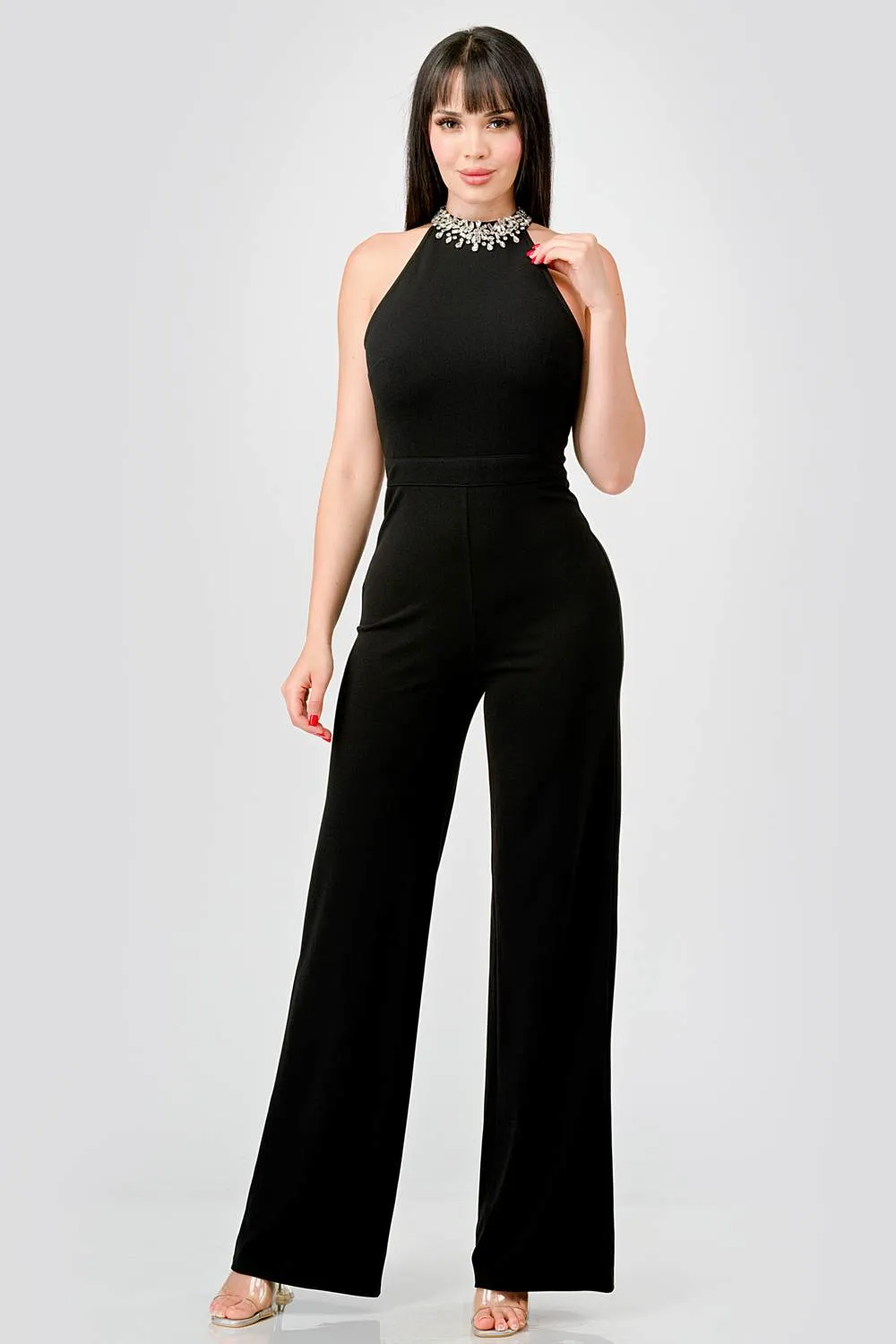 LUXE RHINESTONES EMBELLISHED NECK CREPE JUMPSUIT sold by privy