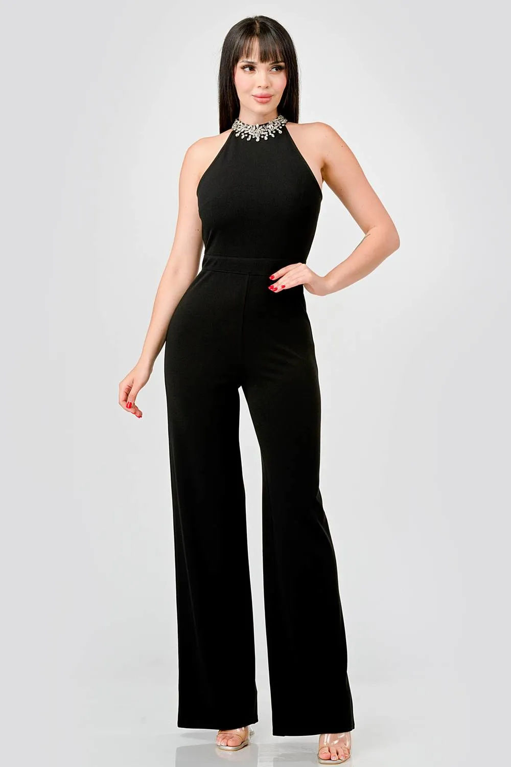 LUXE RHINESTONES EMBELLISHED NECK CREPE JUMPSUIT sold by privy product image thumbnail 5