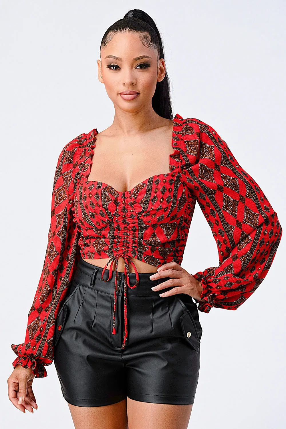 UNIQUE PRINT SWEETHEART SMOCKED PUFF SLEEVES TOP sold by privy product image thumbnail 2