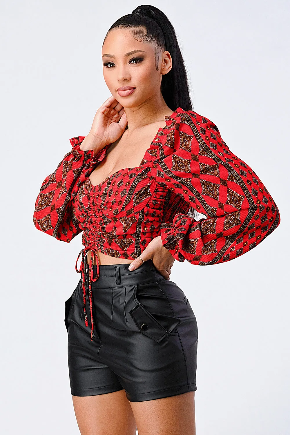 UNIQUE PRINT SWEETHEART SMOCKED PUFF SLEEVES TOP sold by privy product image thumbnail 3