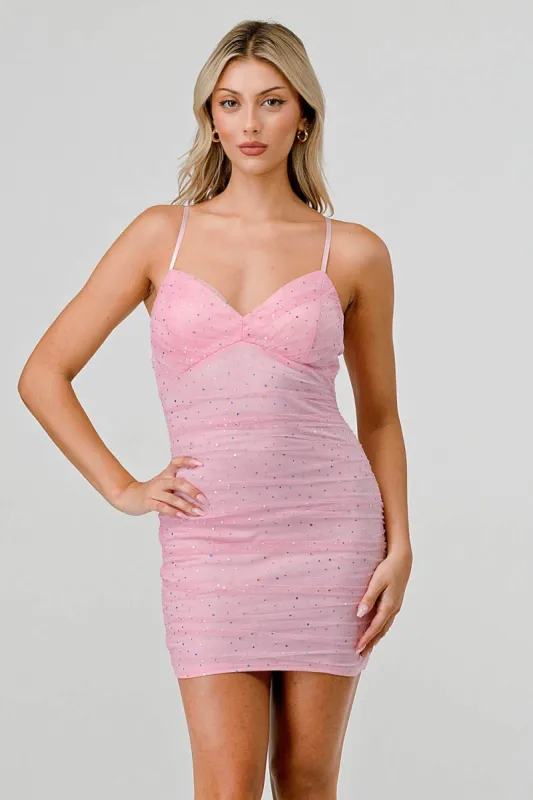 SPARKLES MESH SWEETHEART BODYCON RUCHED MINI DRESS sold by privy