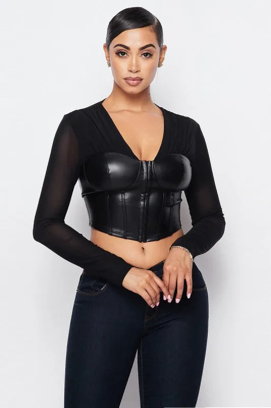 SEXY FAUX LEATHER CORSET SHEER LONG SLEEVE TOP sold by privy