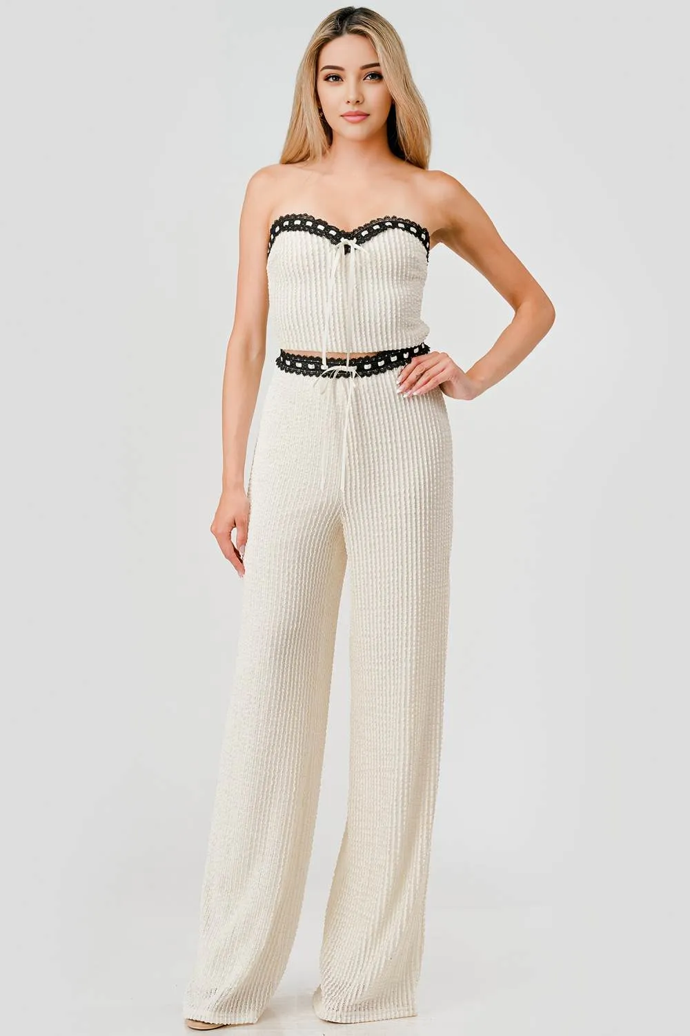 AS5078S / TEXTURE KNIT DRAWSTRING TRIM TUBE TOP & PANTS SET sold by privy