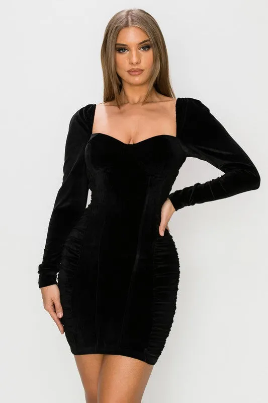 PD75829B / SEXY VELVETY RUCHED LONG SLEEVE MINI DRESS sold by privy