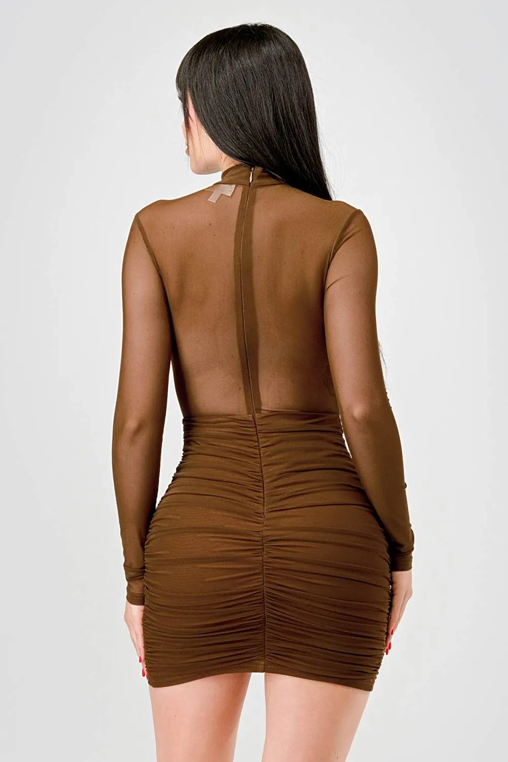 PD77163N / SEXY SEE-THRU MESH MOCK NECK RUCHED MINI DRESS sold by privy product image thumbnail 4