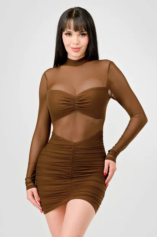 PD77163N / SEXY SEE-THRU MESH MOCK NECK RUCHED MINI DRESS sold by privy