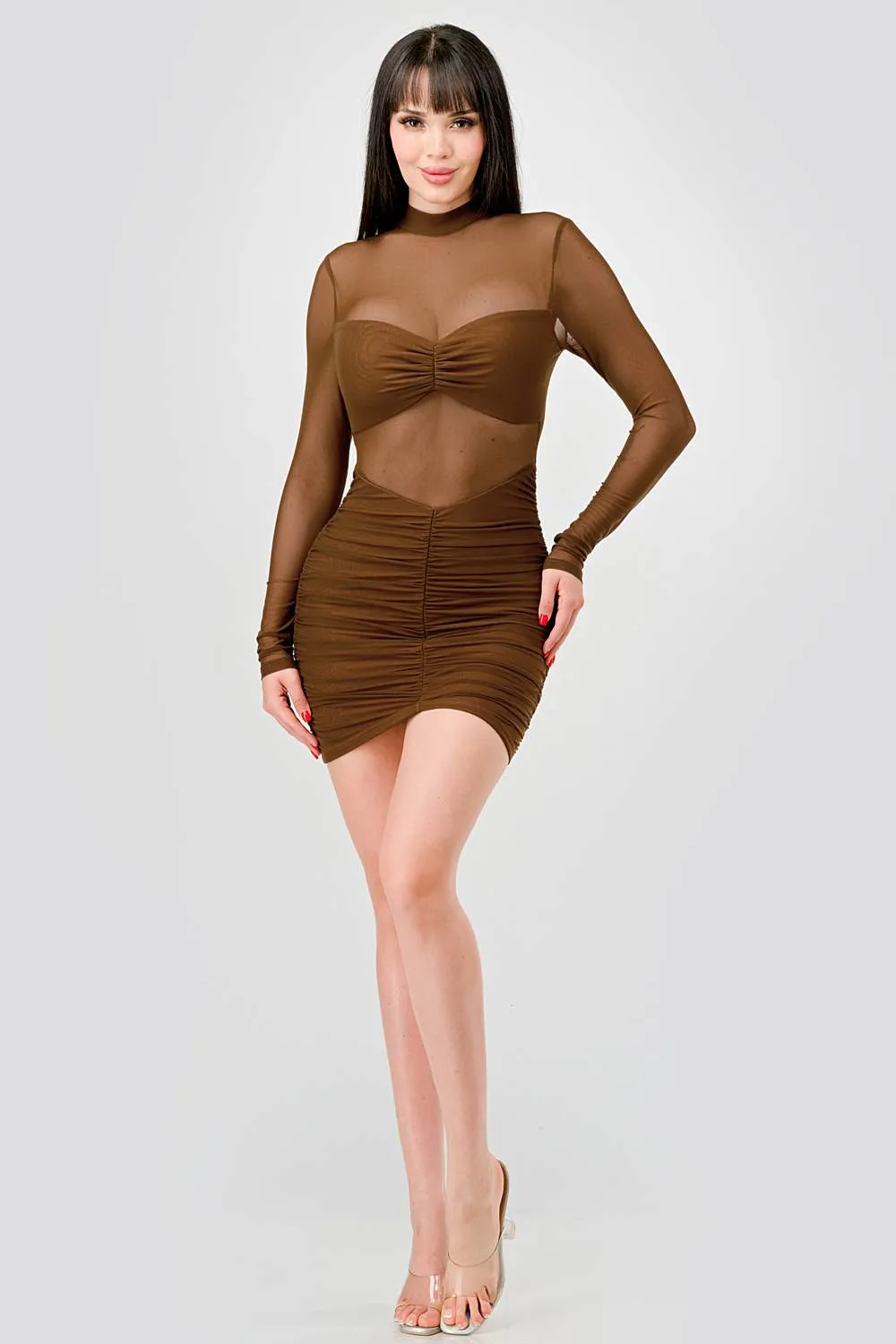 PD77163N / SEXY SEE-THRU MESH MOCK NECK RUCHED MINI DRESS sold by privy product image thumbnail 5