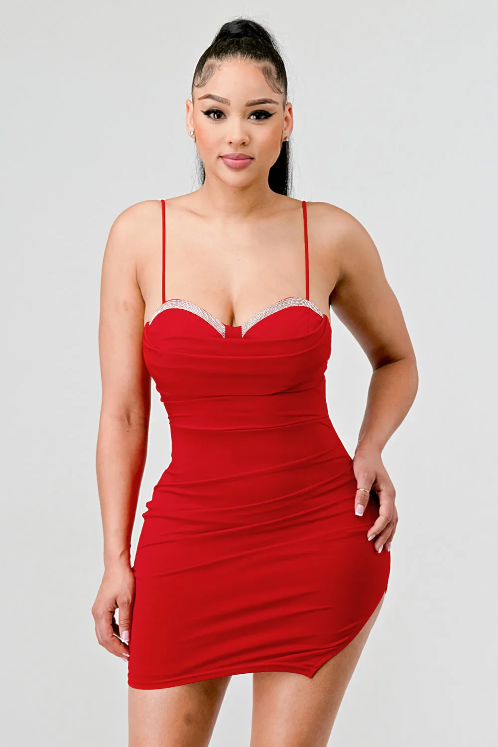 SEXY RHINESTONE TRIM BUST LAYERED SLIT MINI DRESS sold by privy