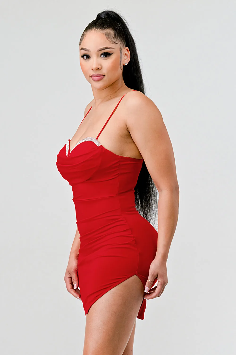 SEXY RHINESTONE TRIM BUST LAYERED SLIT MINI DRESS sold by privy product image thumbnail 2