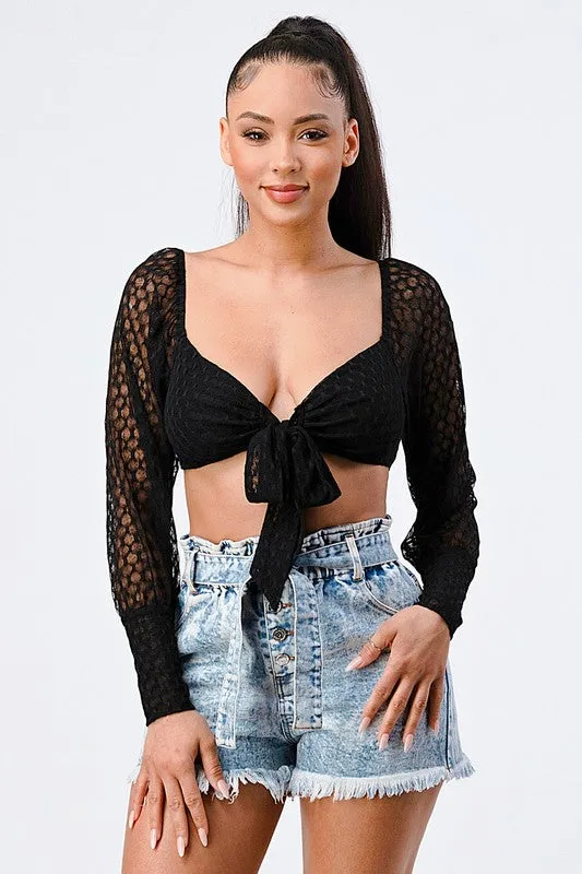 LUX FISH NET FRONT KNOT TIE CROP TOP sold by privy product image thumbnail 2