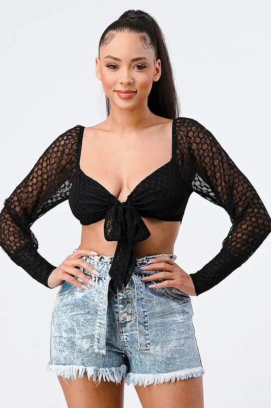 LUX FISH NET FRONT KNOT TIE CROP TOP sold by privy