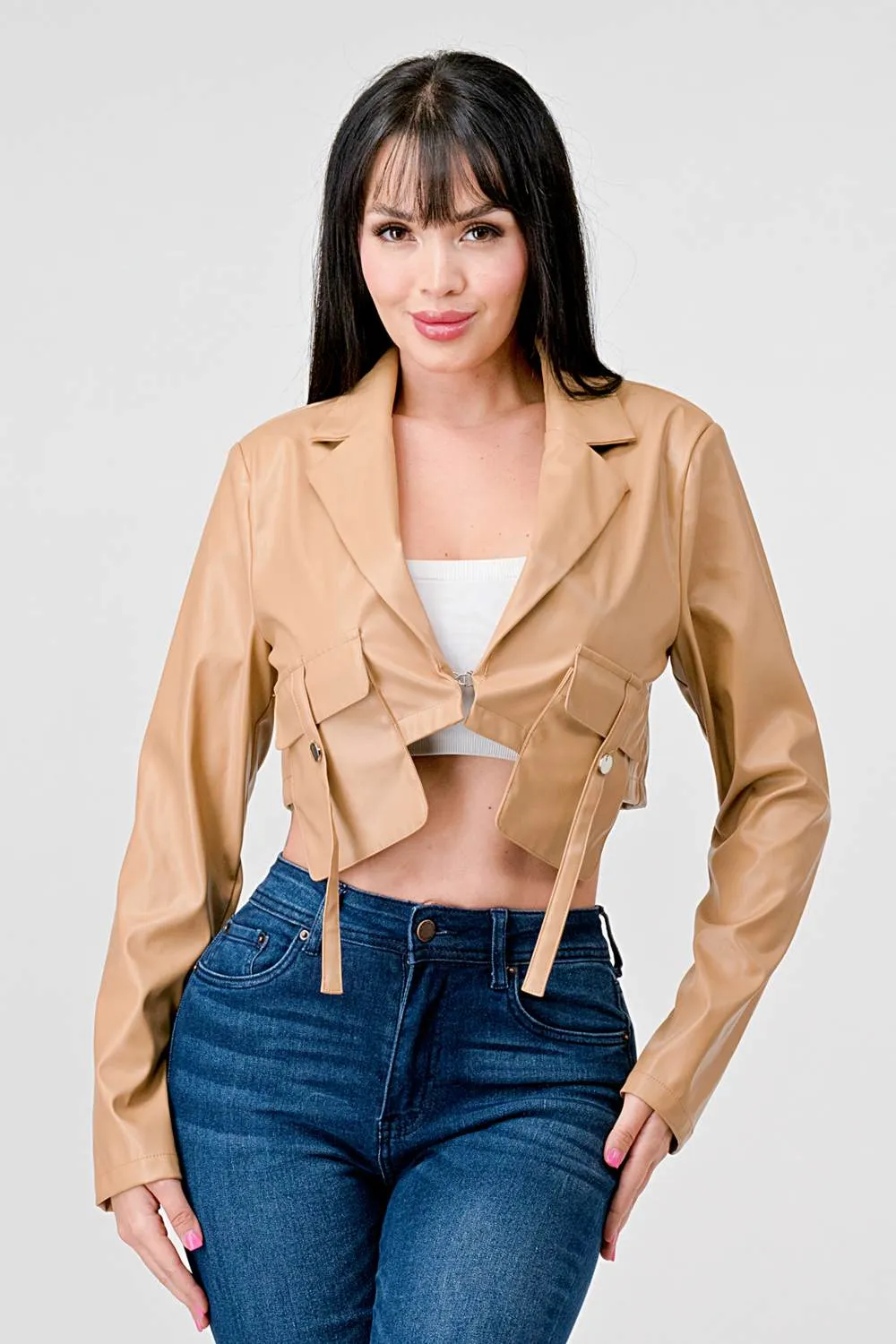 SEXY FAUX LEATHER CROPPED LONG SLEEVE JACKET sold by privy