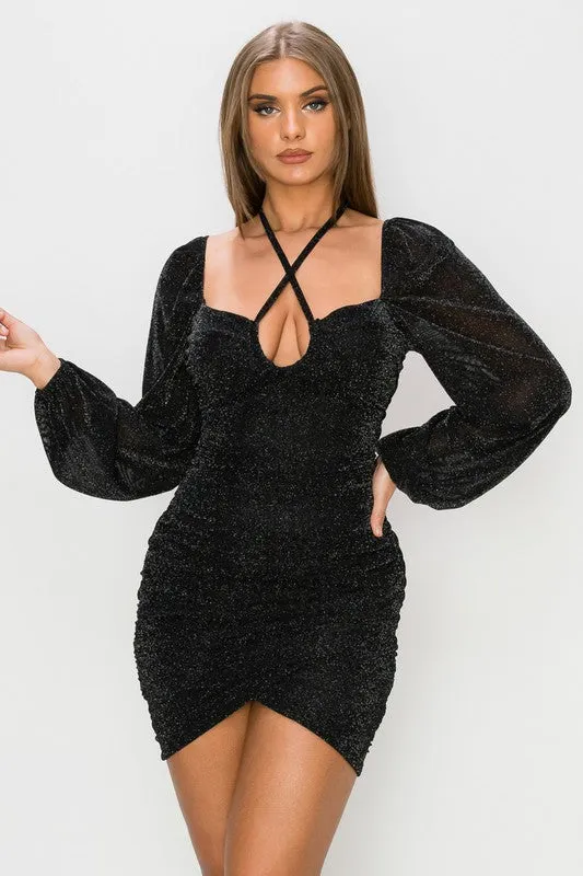 TRENDY METALLIC RUCHED WRAPPED LONG SLEEVED DRESS sold by privy