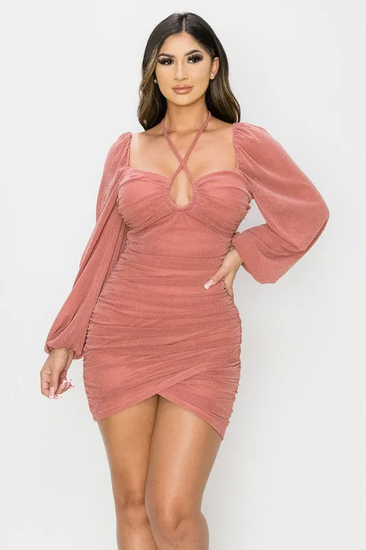 TRENDY METALLIC RUCHED WRAPPED LONG SLEEVED DRESS sold by privy product image thumbnail 4