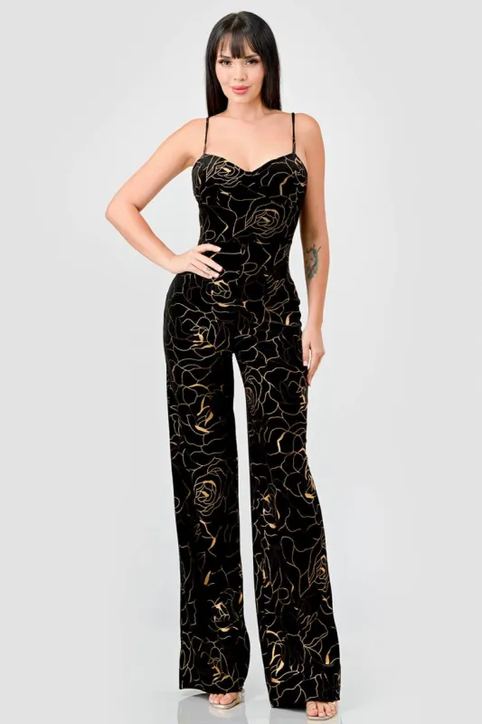 LUXE VELVET FOLIED SWEETHERT WIDE LEGS JUMPSUIT sold by privy