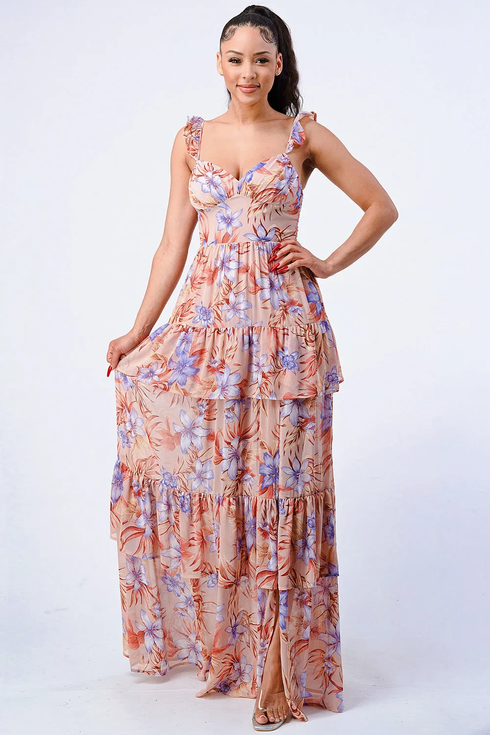 FLORAL SMOCKED CHIFFON RUFFLED MAXI DRESS sold by privy
