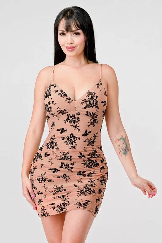 MESH VELVET FLOCKING V NECK BODYCON MINI DRESS sold by privy