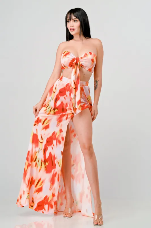 SATIN ABSTRACT PRINT KNOT TOP AND MAXI SKIRT SET sold by privy