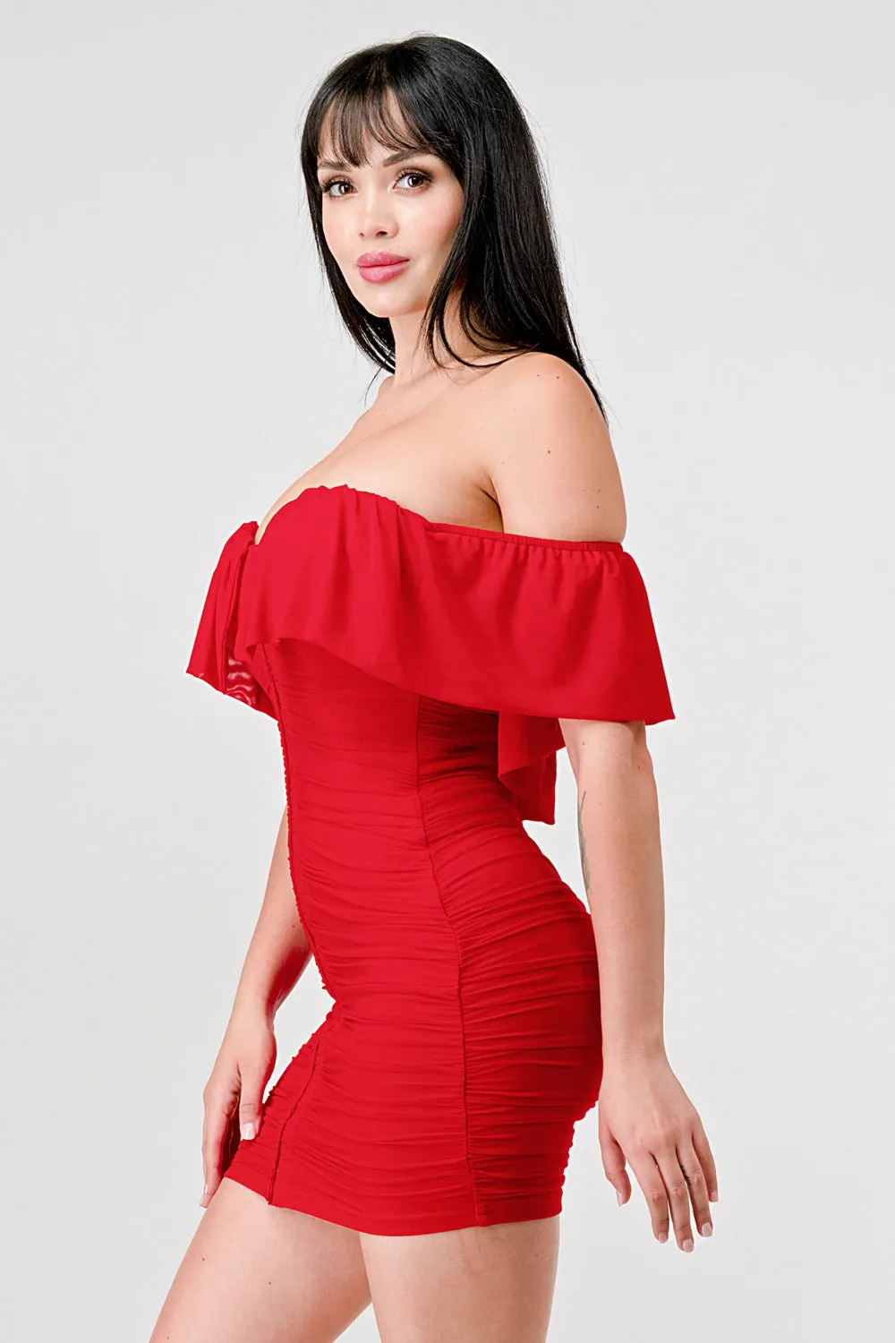MESH OFF THE SHOULDER RUCHED BODYCON MINI DRESS sold by privy product image thumbnail 2