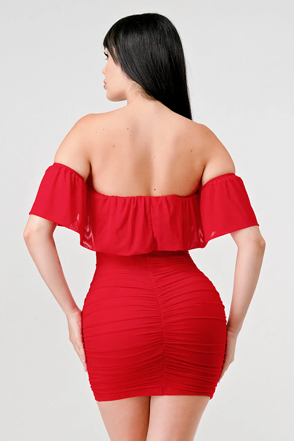 MESH OFF THE SHOULDER RUCHED BODYCON MINI DRESS sold by privy product image thumbnail 3