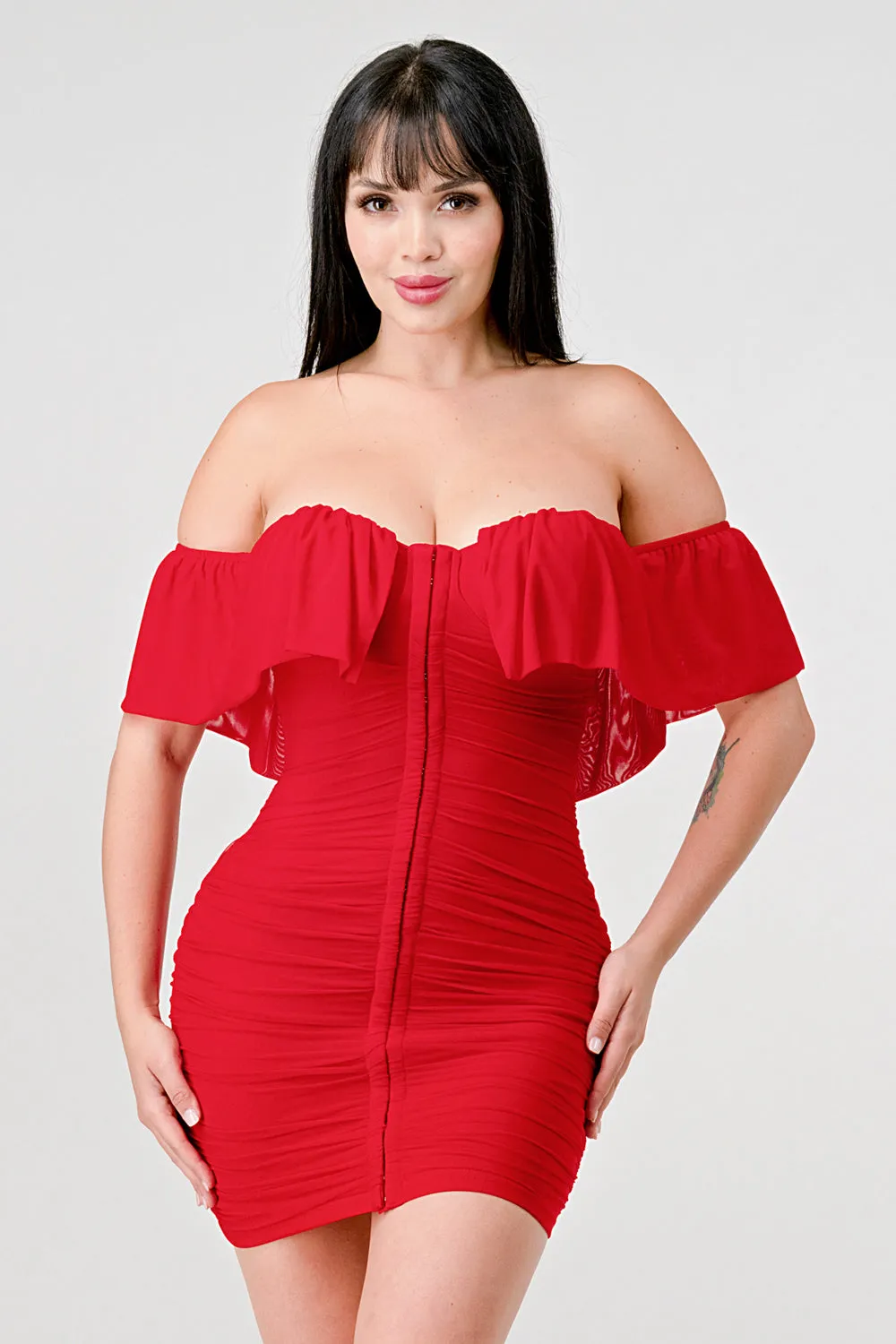 MESH OFF THE SHOULDER RUCHED BODYCON MINI DRESS sold by privy