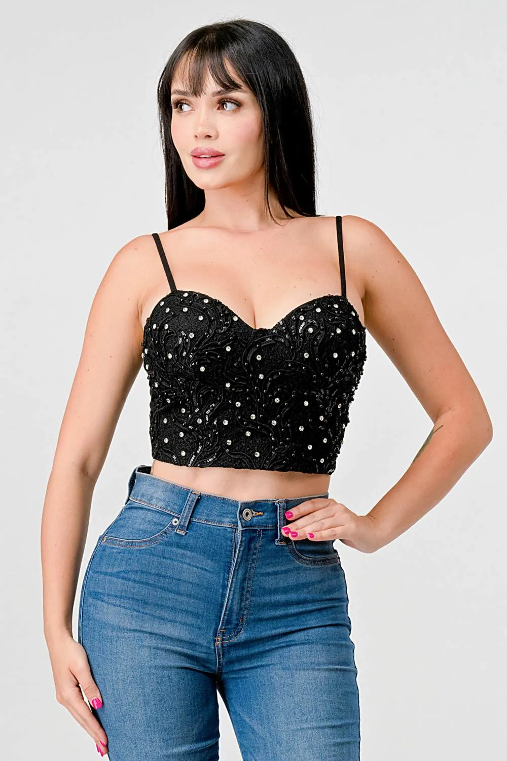 RHINESTONES EMBROIDERY LACE SWEETHEART BUSTIER TOP sold by privy