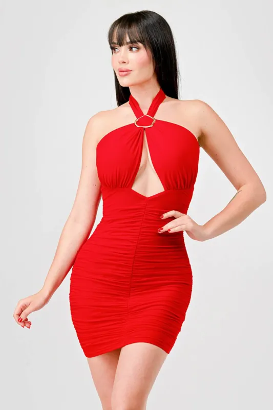 LUXE SEXY MESH HALTER GOLD BELT CUTOUT MINI DRESS sold by privy