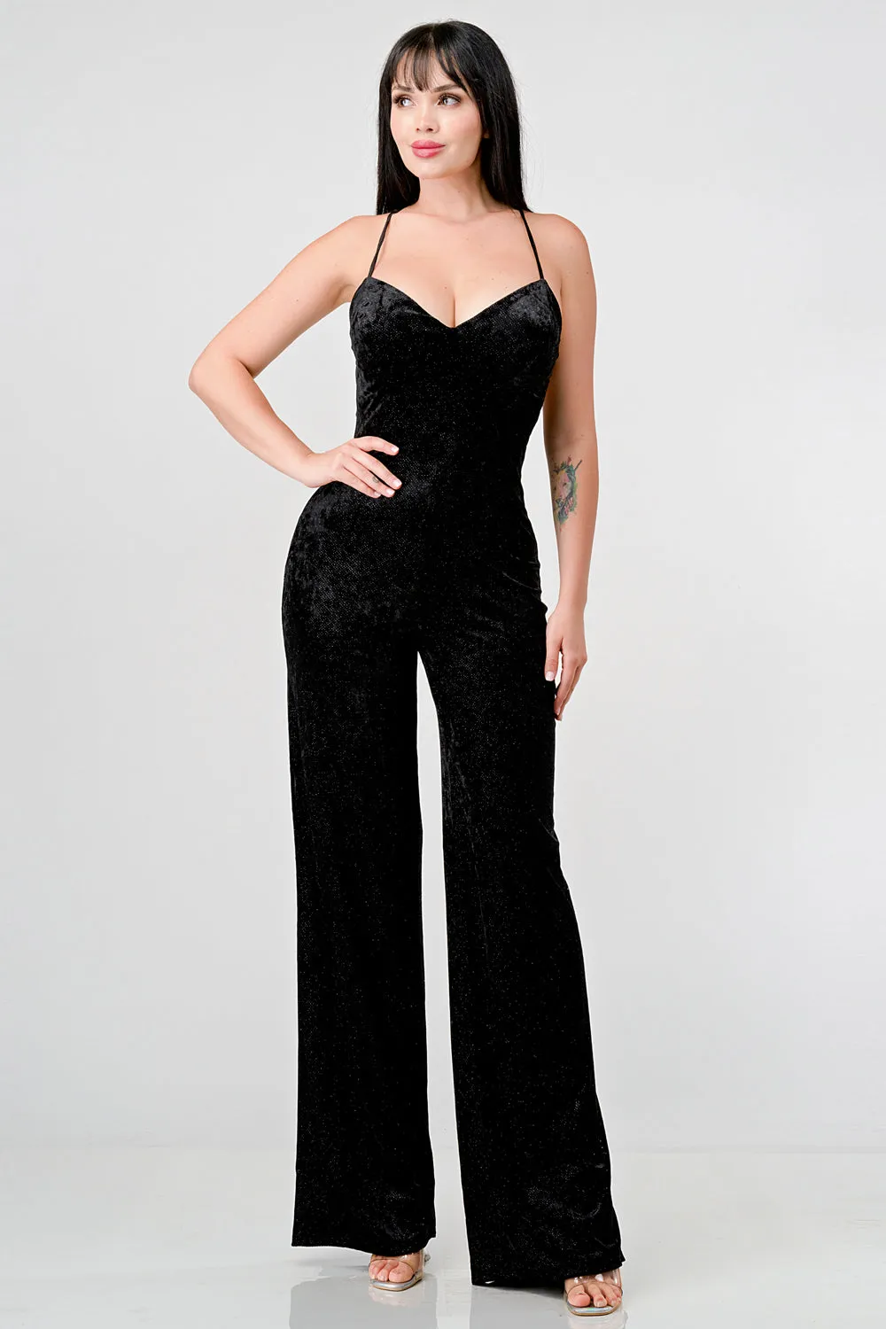 CHIC VELVET GLITTER CROSSED BACK JUMPSUIT sold by privy product image thumbnail 5