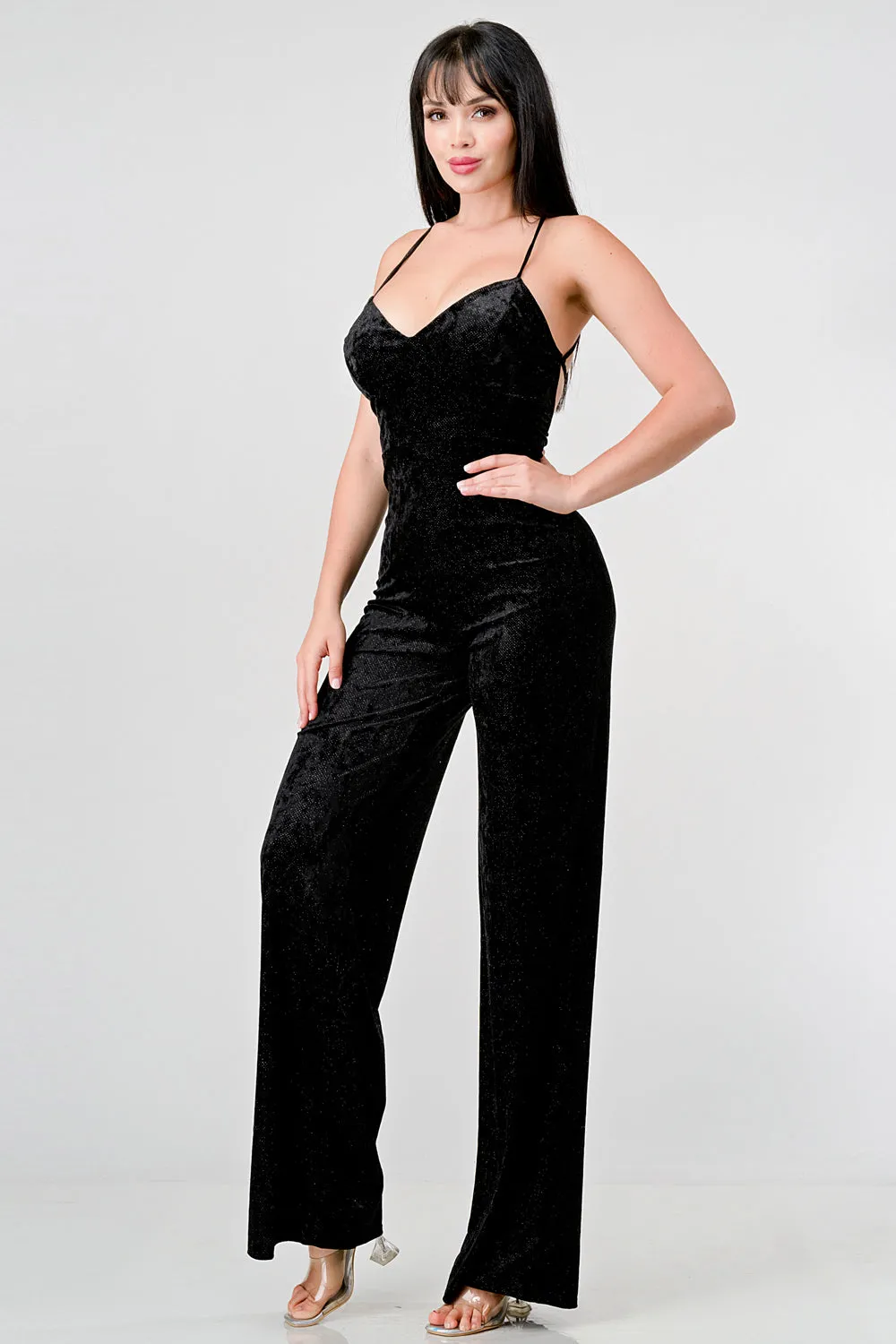 CHIC VELVET GLITTER CROSSED BACK JUMPSUIT sold by privy product image thumbnail 2