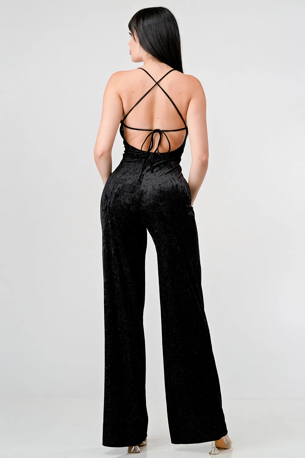CHIC VELVET GLITTER CROSSED BACK JUMPSUIT sold by privy product image thumbnail 4