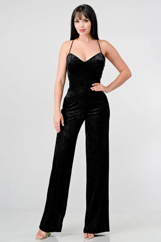 CHIC VELVET GLITTER CROSSED BACK JUMPSUIT sold by privy